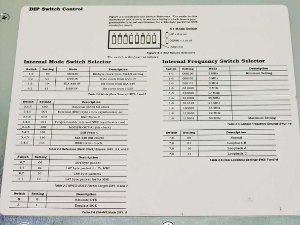 General Instrument Magnitude MMI+ – internal DIP switch reference label showing Internal Mode Switch Selector, Internal Frequency Switch Selector, MPEG-2/CSI Packet Length, HSSI Loopback, and EIA-449/DCE mode switch tables