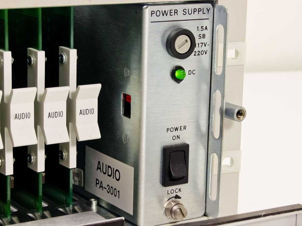 BTS RF-3000A power supply module with AUDIO PA-3001 label, DC LED lit green, POWER ON switch, LOCK lever, adjacent BAA-3000 audio cards labeled AUDIO