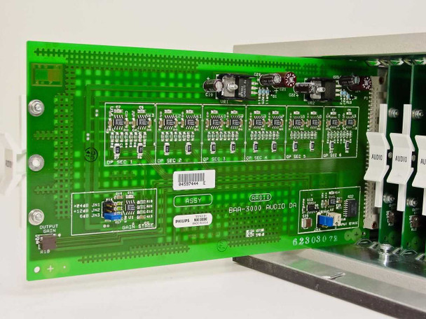 BAA-3000 audio distribution amplifier card PCB reverse side showing Philips ASSY label, op-amp sections, and circuit layout