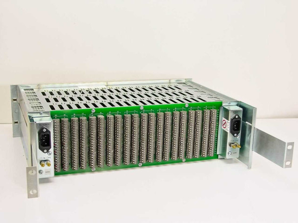 BTS RF-3000A locking rack rear view fully loaded with 19 BAA-3000 cards, rack ears visible, IEC AC power inlets on left and right ends