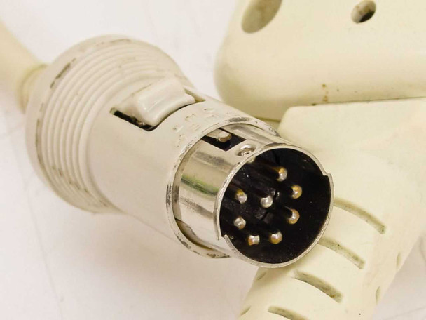 Denso HC66TR barcode scanner – close-up of 8-pin DIN male connector on coiled cable end