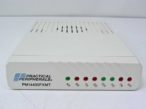 Practical Peripherals PM14400FXMT modem – front panel showing AA, RX, TX, CD, OH, HS, TR, MR LED indicators