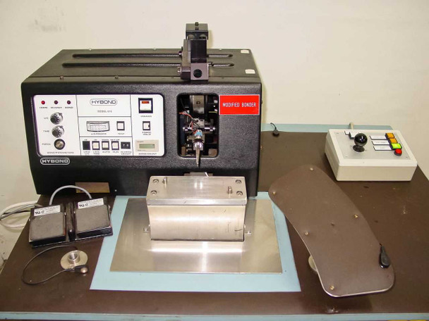 HyBond 616-12 Modified Wire Bonder benchtop unit with X-Y linear stage, two foot pedals, joystick, and work platen on table