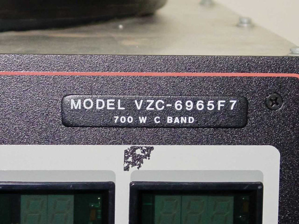Model plate close-up on Varian VZC-6965F7 reading 'MODEL VZC-6965F7 / 700 W C BAND'