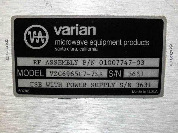Second view of RF Assembly label: P/N 01007747-03, Model VZC6965F7-7SR, S/N 3631
