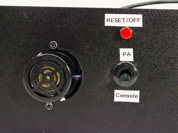 Leightronix Mini-T-Pro left side panel showing speaker, RESET/OFF button, PA toggle switch, and Console label
