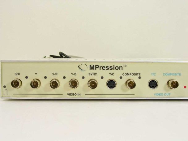 MPression front panel close-up showing VIDEO IN section: SDI, Y, Y-R, Y-B, Sync, Y/C, Composite BNC inputs and VIDEO OUT Y/C and Composite connectors