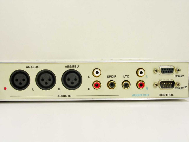 MPression front panel close-up showing AUDIO IN (Analog XLR L/R, AES/EBU XLR L/R), AUDIO OUT (SPDIF, LTC, RCA), and CONTROL section (RS422, RS232 DB-9 ports)