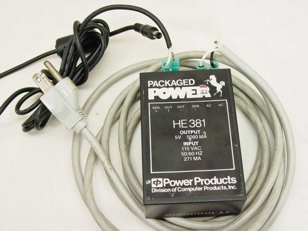 Power Products HE381 external power supply close-up showing 5V 5000mA output, 115VAC 50/60Hz 271mA input specifications