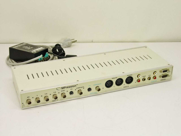 Vibrint Technologies MPression MPEG-2 video server front panel showing full I/O connectors with included power supply and cable