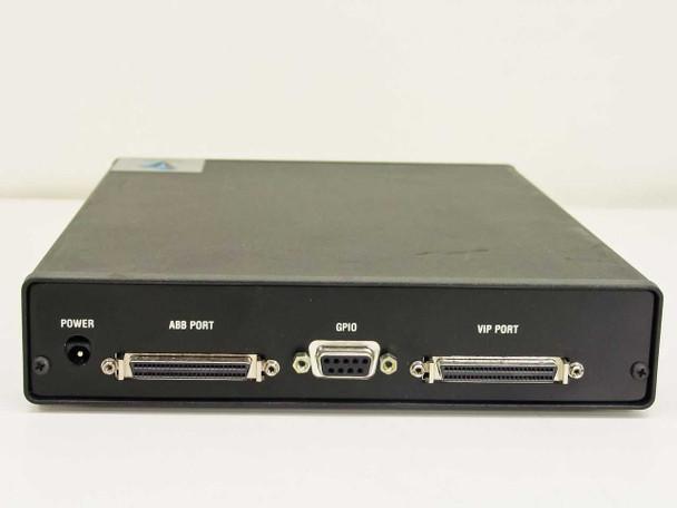 Vibrint Technologies audio console rear panel showing POWER jack, ABB PORT DB25, GPIO DB9, and VIP PORT DB25 connectors
