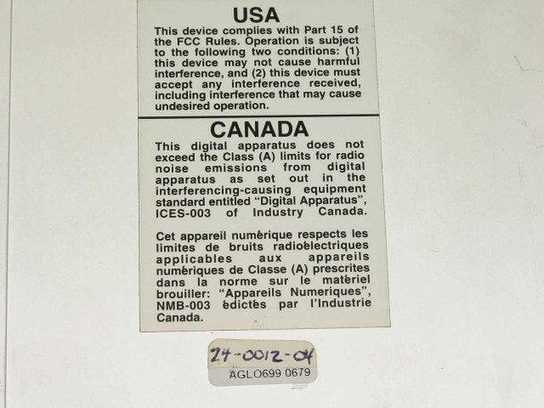 Vibrint Technologies audio console regulatory label showing FCC Part 15 and Industry Canada ICES-003 compliance, part number 24-0012-04, asset tag AGLO699 0679