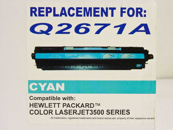 Compatible HP Q2671A Cyan Toner Cartridge removed from box – labeled Replacement for Q2671A, Cyan, compatible with HP Color LaserJet 3500 Series