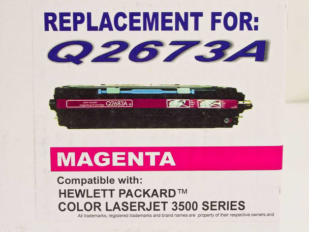 Q2673A Compatible Magenta Toner Cartridge close-up label — Replacement for Q2673A, Magenta, Compatible with HP Color LaserJet 3500 Series