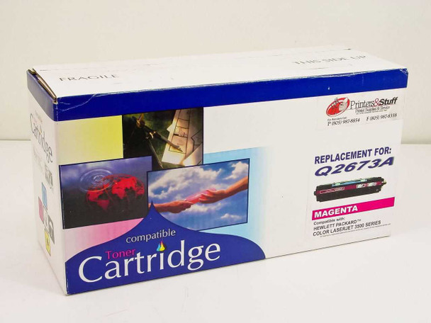 Compatible Q2673A Magenta Toner Cartridge box front — Printers and Stuff brand, labeled Replacement for Q2673A, HP Color LaserJet 3500 Series