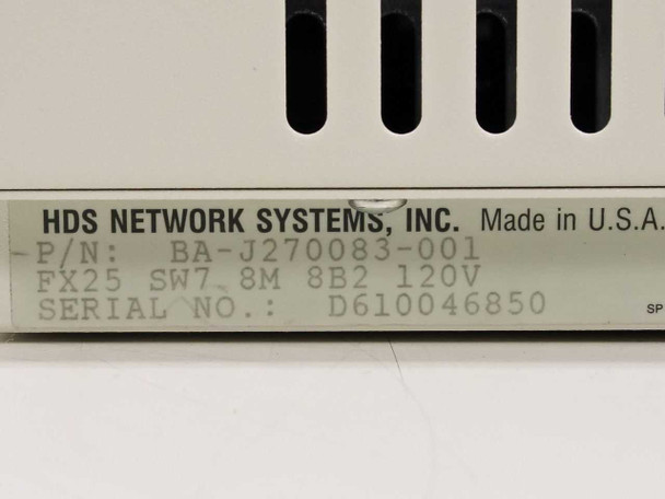 HDS Network Systems label showing Part Number BA-J270083-001, FX25 SW7.8M 8B2 120V, and Serial Number D610046850