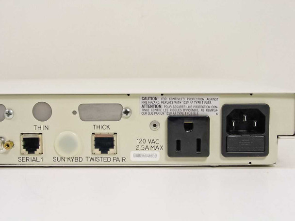 HDS ViewStation X rear panel right section close-up showing Serial 1, Sun KYBD, Thin Ethernet (BNC), Thick Ethernet (AUI), Twisted Pair (RJ-45), and IEC 120VAC 2.5A power inlet