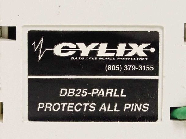 Cylix DB25-PARLL label close-up showing brand name, phone number, model number, and 'Protects All Pins' text on black placard