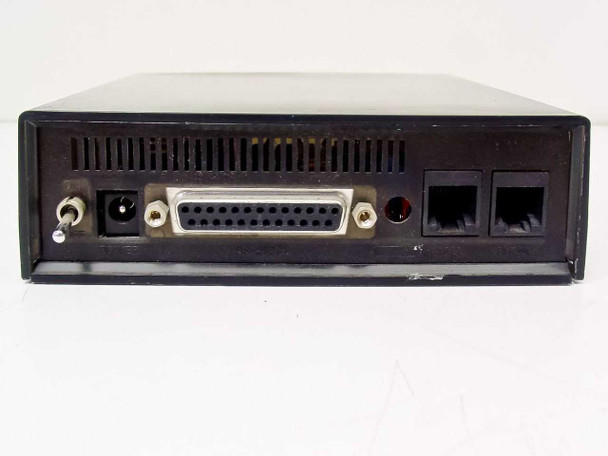 Zoom AMX E130100 modem – rear panel straight-on view showing DB25 serial port, power barrel jack, speaker jack, and two RJ11C phone jacks