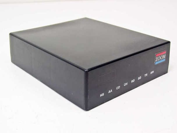 Zoom AMX E130100 external 2400 baud modem – front and top view showing Zoom logo and LED indicator labels