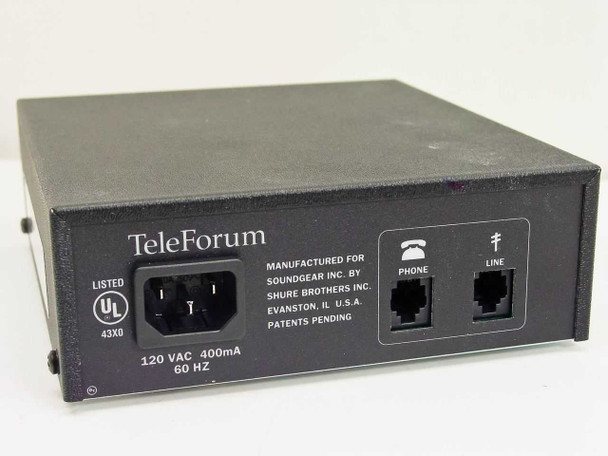 Soundgear TeleForum interface box — rear panel showing IEC power inlet (120VAC 400mA 60Hz), PHONE and LINE RJ-11 ports, and UL listing label