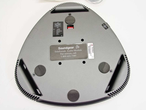 Soundgear TeleForum audio module — bottom view showing product label, DIP switch block, and To Interface Box connector port