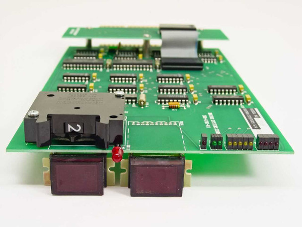 Matrix Systems 6791B decoder card — angled front view showing two red status monitor display windows and DIP switch bank