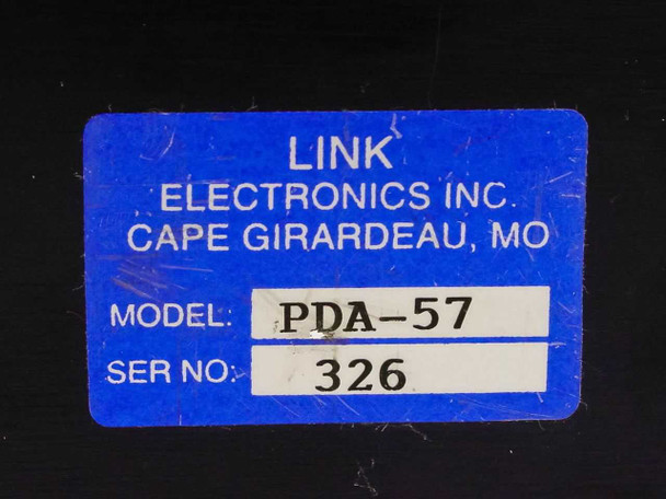 Link Electronics Inc. label on bottom of PDA-57 showing model PDA-57, serial number 326, and Cape Girardeau MO manufacturer info