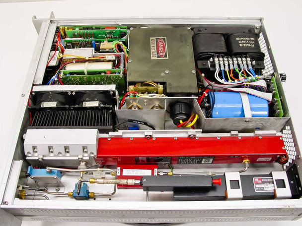 Varian VZC6961D7A1 – interior view showing TWT assembly, control PCBs, power supply boards, Western Microwave ICW-9070 upconverter module, and high-voltage transformer