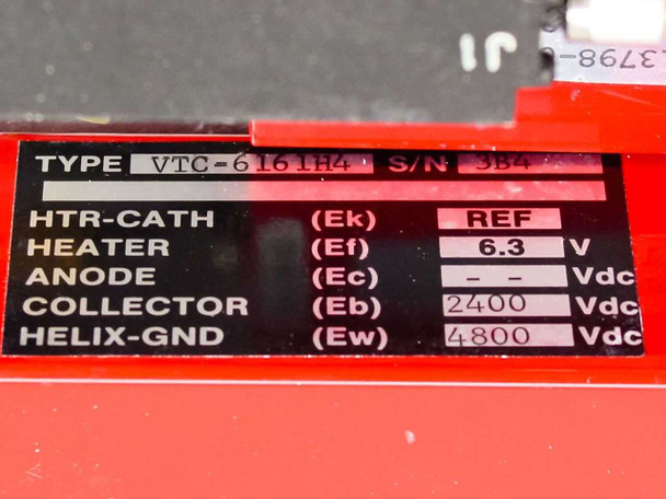 Varian TWT specifications label – Type VTC-6161H4, Heater (Ef) 6.3V, Collector (Eb) 2400 Vdc, Helix-GND (Ew) 4800 Vdc