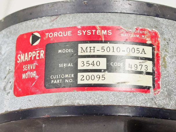 Torque Systems MH-5010-005A Snapper Servo Motor rating label showing model, serial number 3540, code 4973, and customer part number 20095
