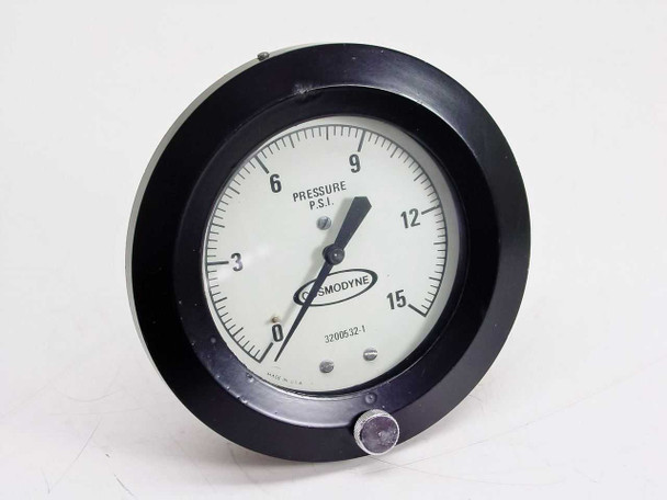Cosmodyne 3200532-1 dial pressure gauge front view showing 0-15 PSI scale with black panel-mount housing