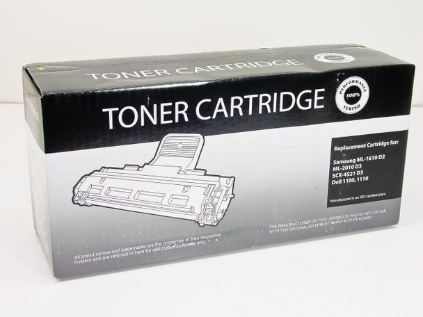 Replacement toner cartridge box showing compatibility with Samsung ML-1610 D2, ML-2010 D3, SCX-4521 D3, Dell 1100 and 1110 – front view