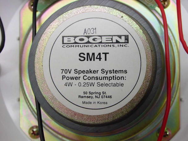 Bogen SM4T speaker label showing model, 70V system, 4W–0.25W selectable power consumption, made in Korea