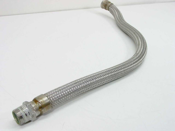 Senior Flexonics 304-3/4 flexible SS braided hose full length view showing male threaded end fitting and braid detail
