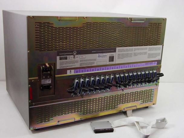 Avaya SD-66984-01 Definity ECS — rear panel view showing backplane connector rows, multiple cable harnesses, AC power inlet, and circuit breaker