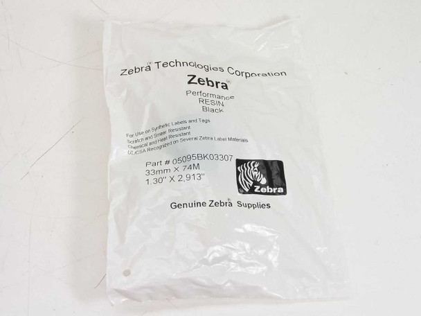 Zebra 05095BK03307 Performance Resin Black ribbon in sealed clear polybag — front of packaging showing part number and specs
