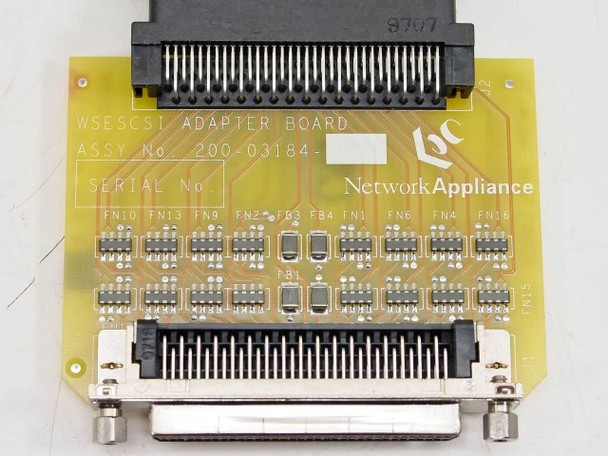WSE5CSI Adapter Board 200-03184 front view showing Network Appliance logo, 68-pin external SCSI connector at bottom, ribbon cable connector at top, and surface-mount components