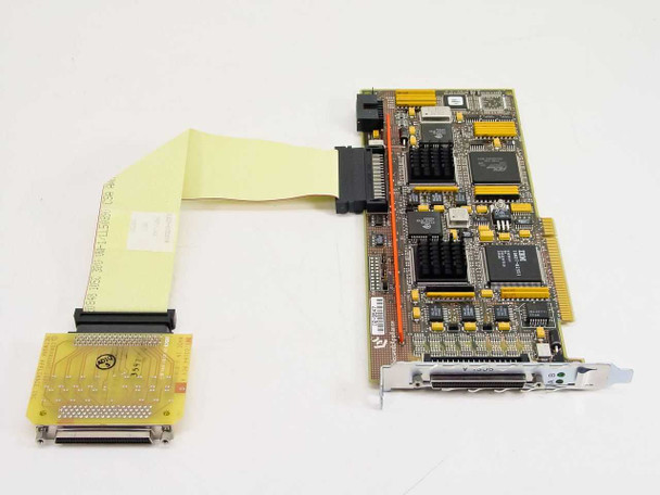 Network Appliance 110-03175-A3 Dual SE-Wide SCSI PCI adapter card shown with WSE5CSI daughter board 200-03184 attached via yellow wide flat ribbon cable — full assembly front view