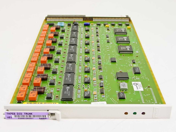Lucent TN753 V21 DID Trunk Card – angled top view showing full PCB with relay array and ICs