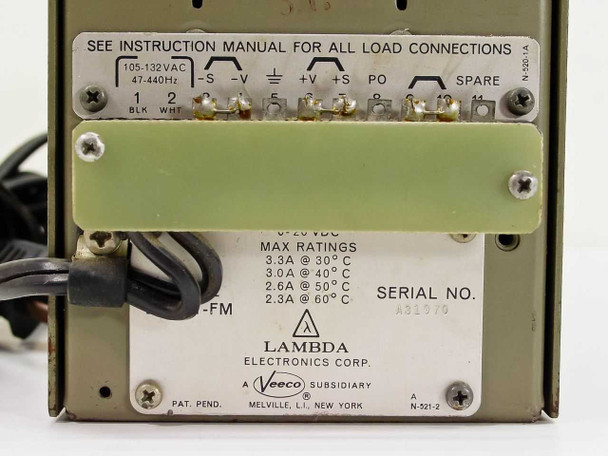 Lambda LP-521-FM rear rating plate detail showing input 105-132VAC 47-440Hz, output 0-20VDC, temperature-derated max ratings, Lambda Electronics Corp / Veeco subsidiary, Melville L.I. New York