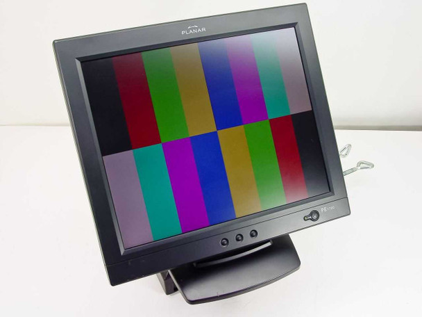 Planar PE1700-BK 17-inch LCD monitor powered on displaying color bar test pattern, mounted on Kensington K60106 desk arm — front view
