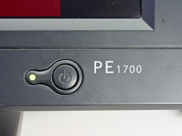Close-up of Planar PE1700-BK front panel showing PE1700 model name, power LED indicator (green, lit), and power button