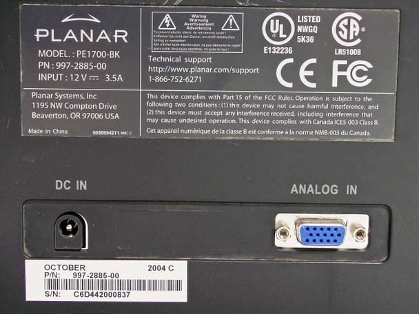 Rear label of Planar PE1700-BK showing model PE1700-BK, part number 997-2885-00, input 12V DC 3.5A, FCC and UL markings, DC IN barrel jack, and VGA Analog IN port