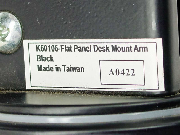 Kensington K60106 arm label reading 'K60106-Flat Panel Desk Mount Arm, Black, Made in Taiwan, A0422'