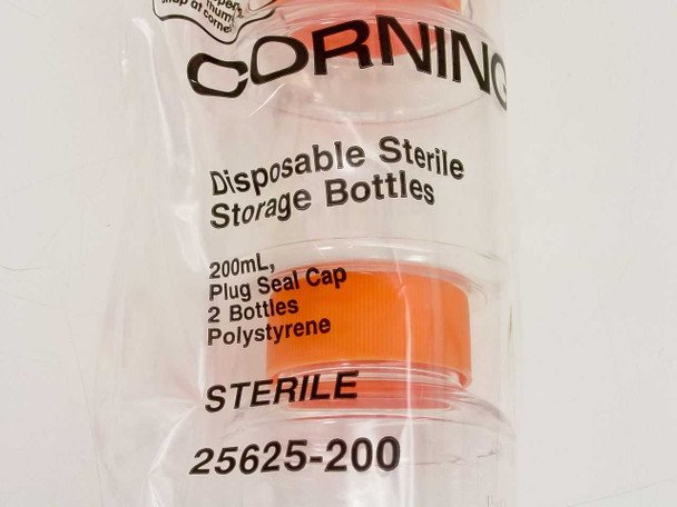 Corning 25625-200 label close-up — shows 200mL capacity, plug seal cap, 2 bottles, polystyrene material, Sterile designation, and part number 25625-200