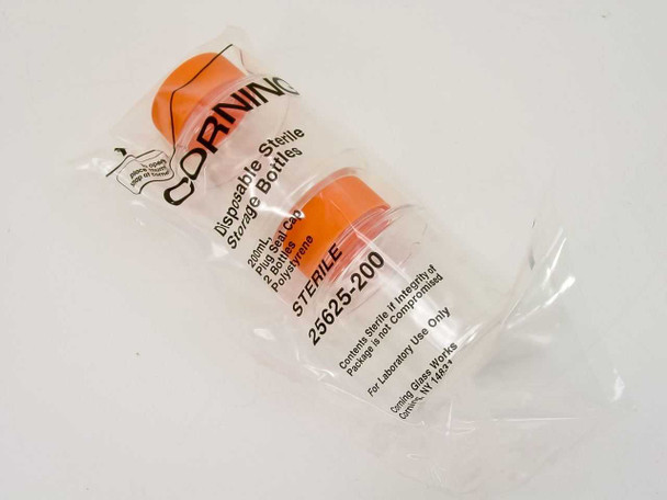 Corning 25625-200 200mL disposable sterile storage bottles — sealed pair in original Corning packaging, front label view showing product name, sterile marking, and part number