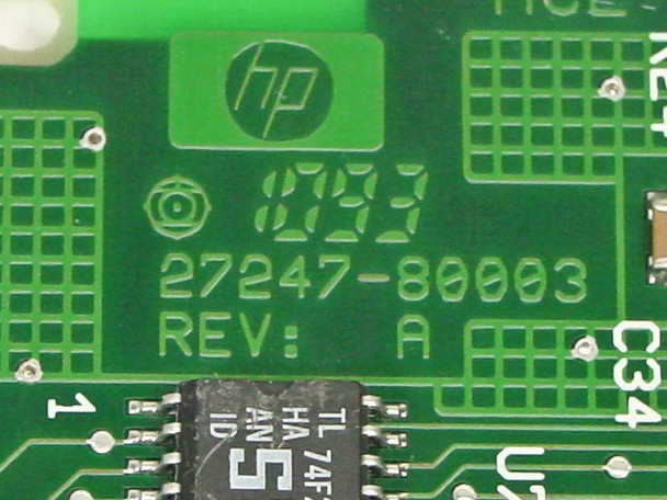 HP 27247-60003 NIC — close-up of PCB silkscreen showing HP logo, part number 27247-80003, Rev A marking, and TL74F logic IC