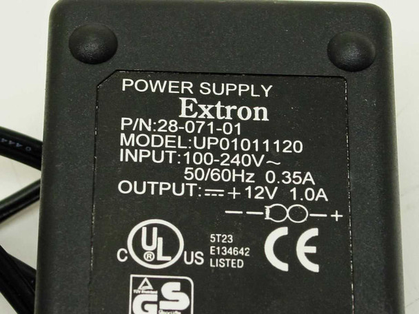 Extron power supply label showing P/N 28-071-01, model UP01011120, input 100-240V 50/60Hz 0.35A, output +12V 1.0A, UL and CE listed