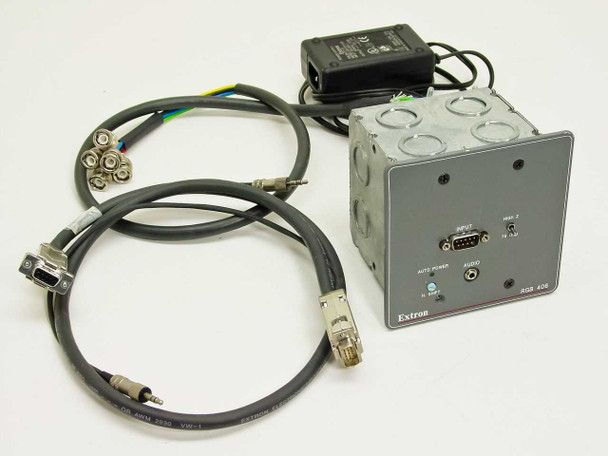 Extron RGB 406 mountable interface front panel with included Extron power supply, DB9 RGB cable, BNC breakout cable, and 3.5mm audio cable